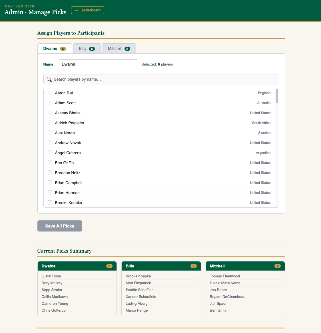 Admin screen